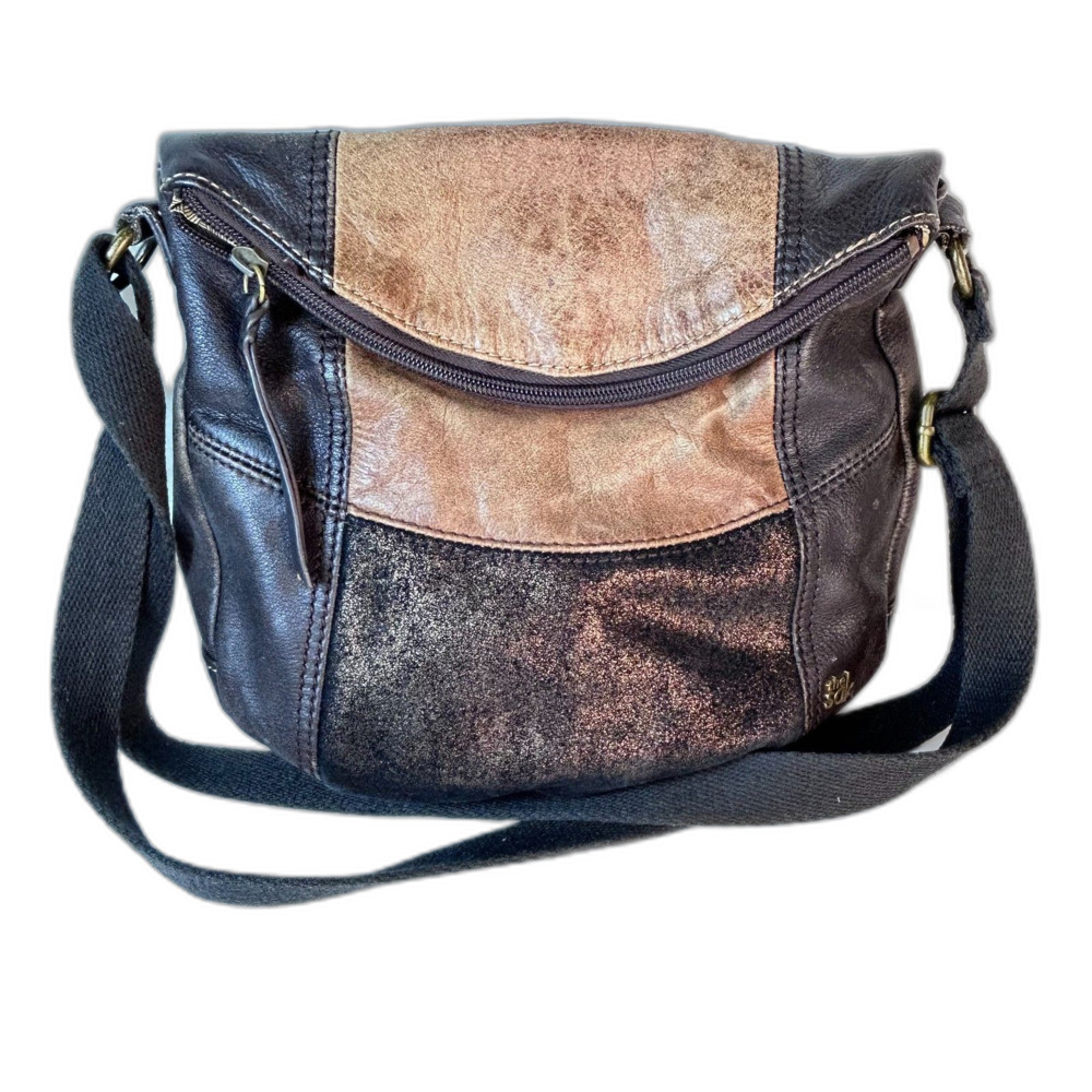 VTG The Sak Brown Tan Copper Metallic Leather Suede Fold Front Crossbody Bag